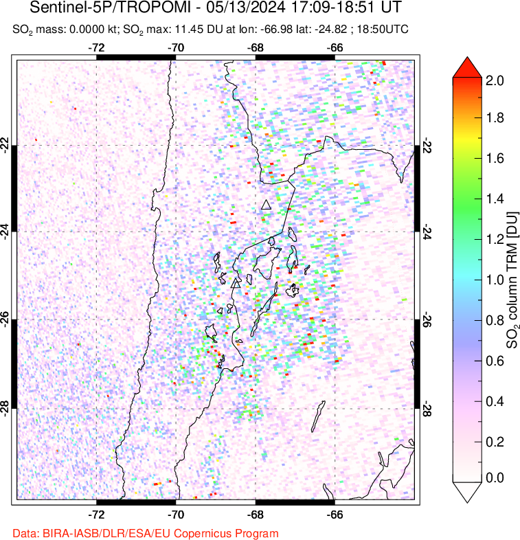 A sulfur dioxide image over Northern Chile on May 13, 2024.