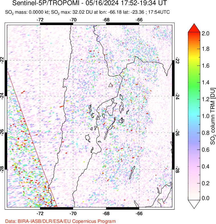 A sulfur dioxide image over Northern Chile on May 16, 2024.