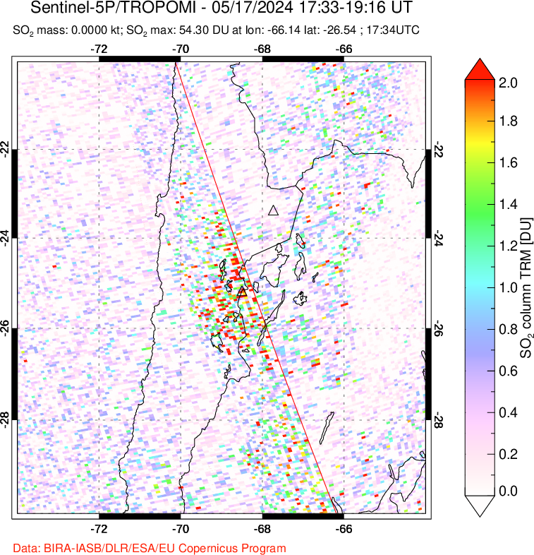 A sulfur dioxide image over Northern Chile on May 17, 2024.