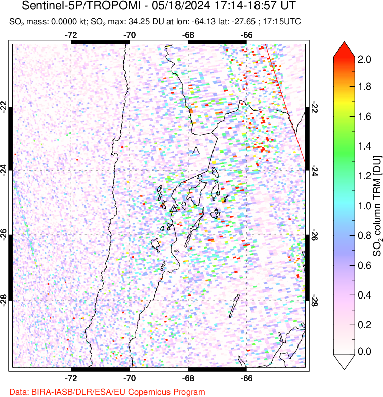 A sulfur dioxide image over Northern Chile on May 18, 2024.