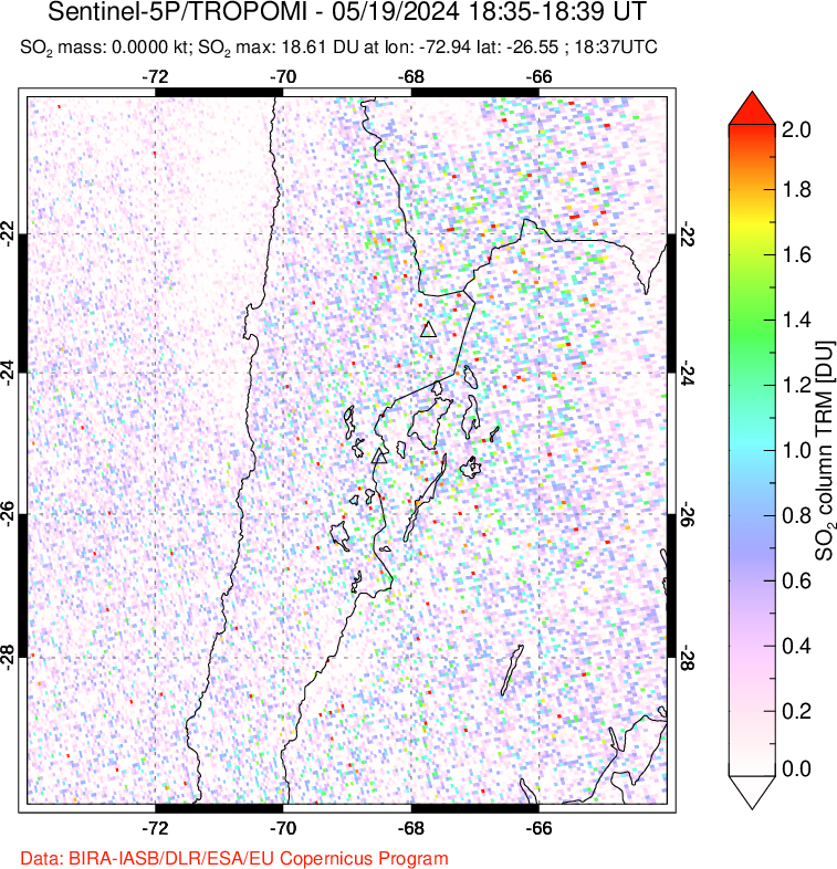 A sulfur dioxide image over Northern Chile on May 19, 2024.