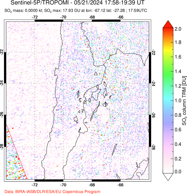 A sulfur dioxide image over Northern Chile on May 21, 2024.