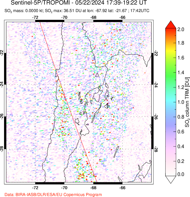 A sulfur dioxide image over Northern Chile on May 22, 2024.