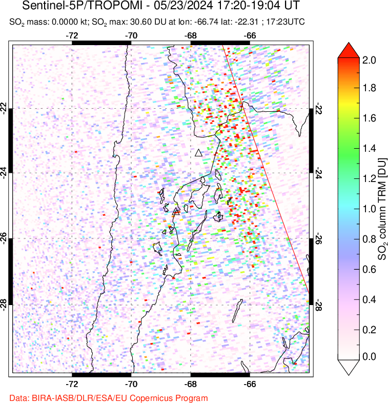 A sulfur dioxide image over Northern Chile on May 23, 2024.