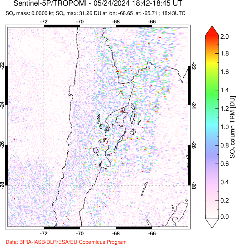 A sulfur dioxide image over Northern Chile on May 24, 2024.