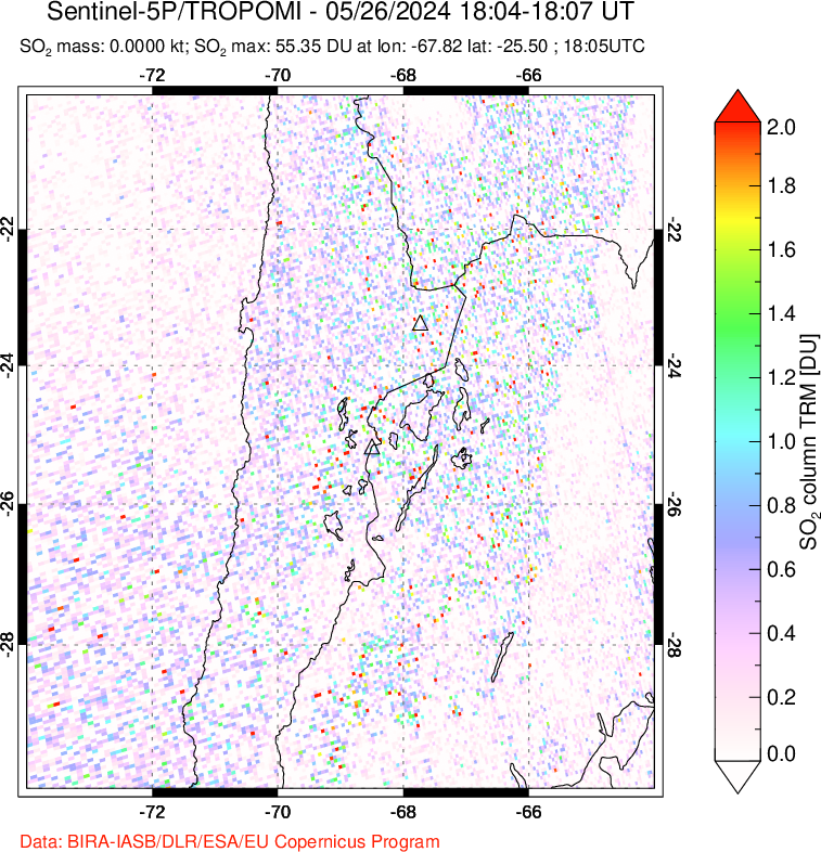 A sulfur dioxide image over Northern Chile on May 26, 2024.