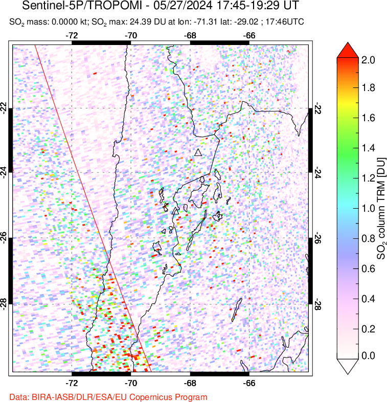 A sulfur dioxide image over Northern Chile on May 27, 2024.