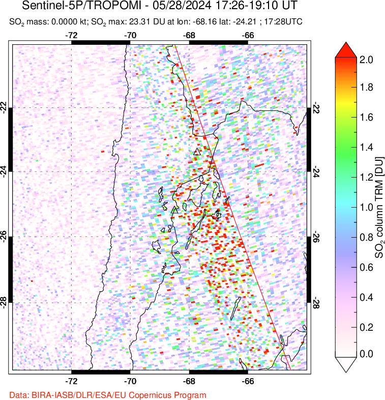 A sulfur dioxide image over Northern Chile on May 28, 2024.