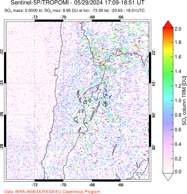 A sulfur dioxide image over Northern Chile on May 29, 2024.