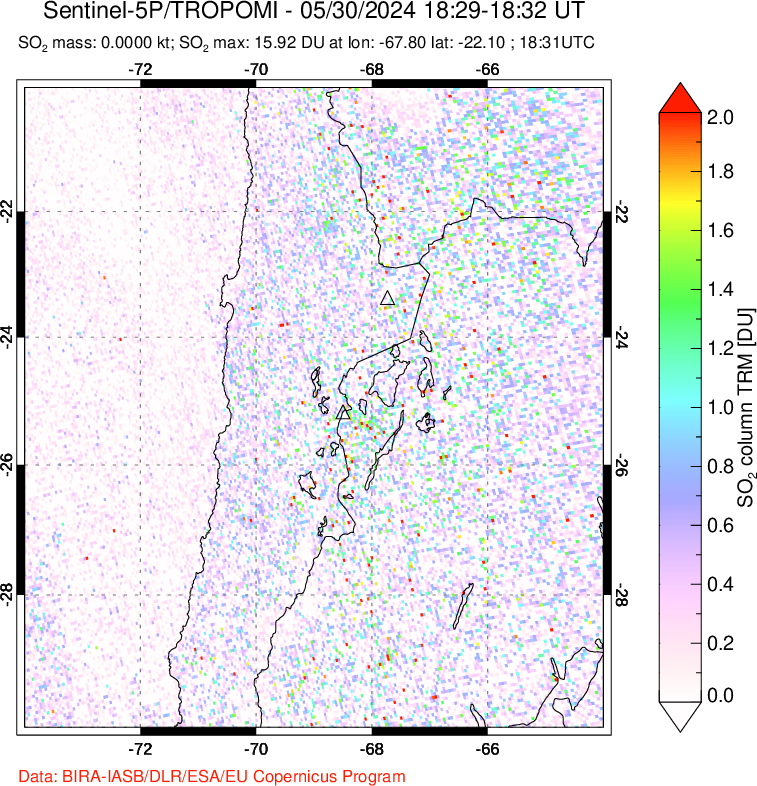 A sulfur dioxide image over Northern Chile on May 30, 2024.