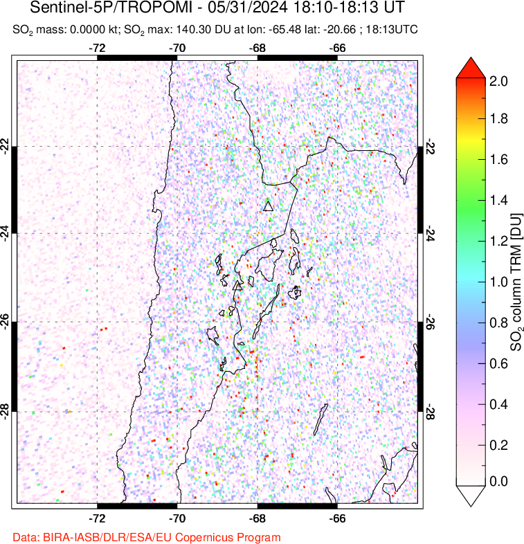 A sulfur dioxide image over Northern Chile on May 31, 2024.