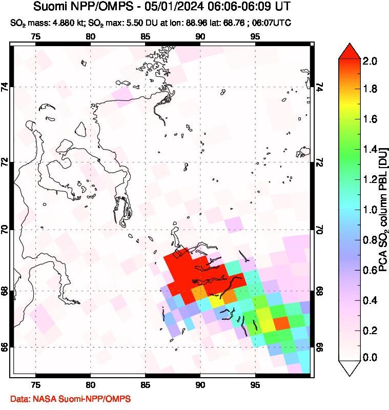 A sulfur dioxide image over Norilsk, Russian Federation on May 01, 2024.