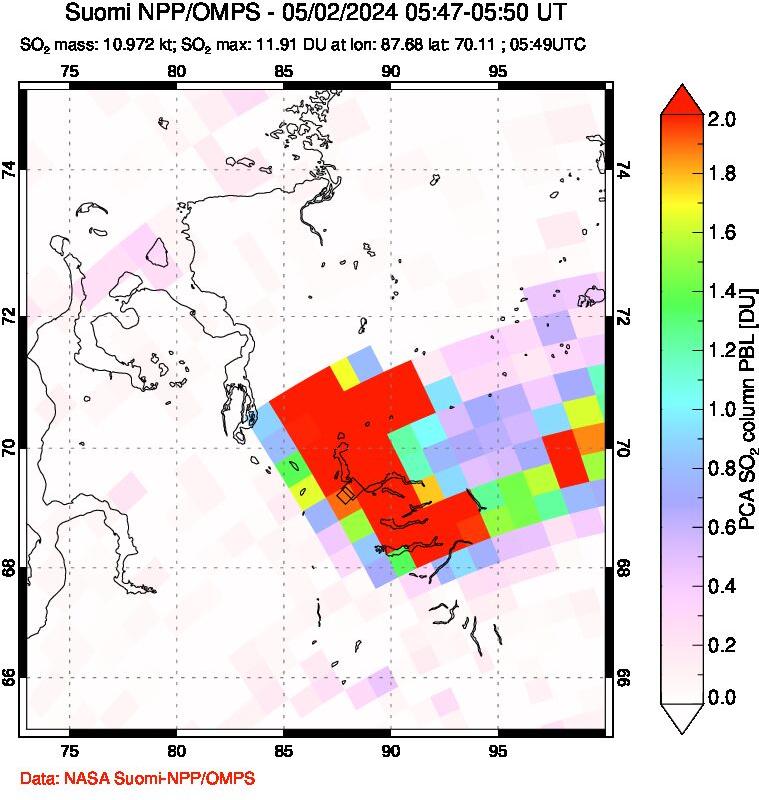 A sulfur dioxide image over Norilsk, Russian Federation on May 02, 2024.