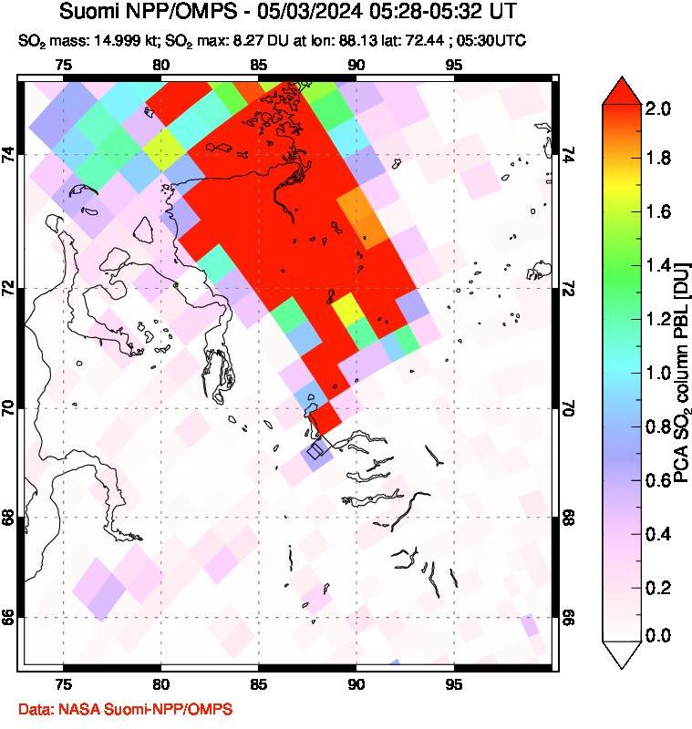 A sulfur dioxide image over Norilsk, Russian Federation on May 03, 2024.