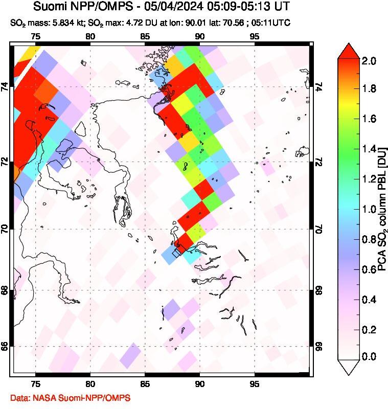 A sulfur dioxide image over Norilsk, Russian Federation on May 04, 2024.