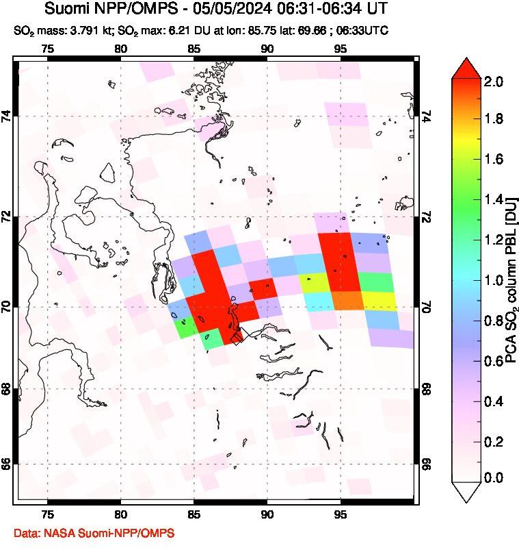 A sulfur dioxide image over Norilsk, Russian Federation on May 05, 2024.