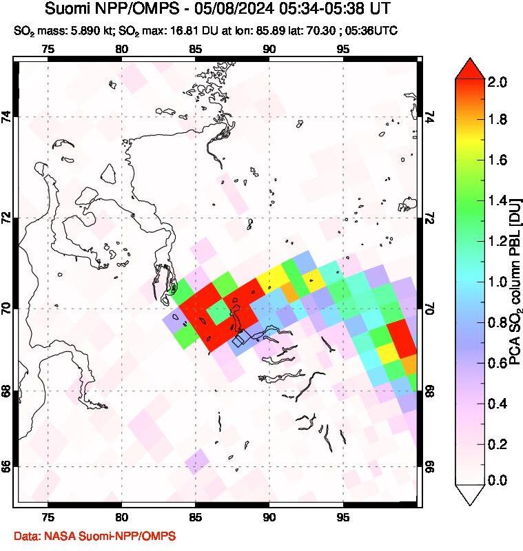 A sulfur dioxide image over Norilsk, Russian Federation on May 08, 2024.