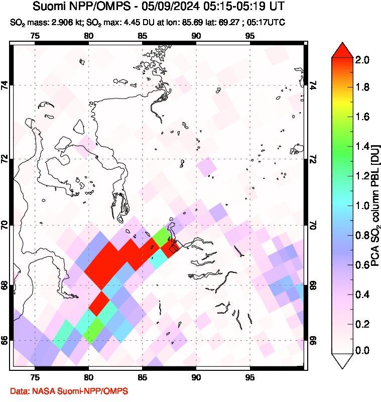 A sulfur dioxide image over Norilsk, Russian Federation on May 09, 2024.