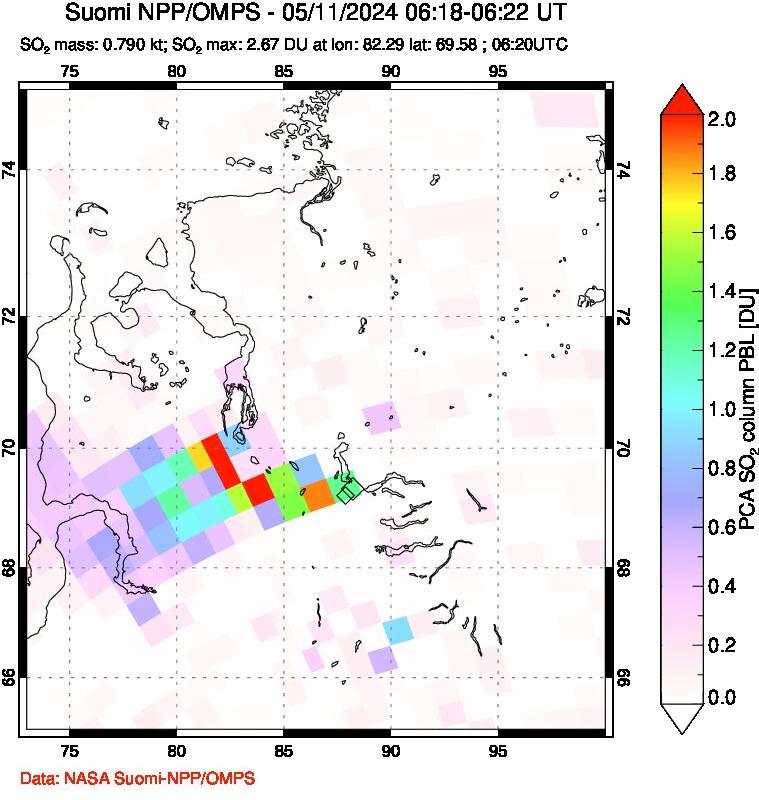 A sulfur dioxide image over Norilsk, Russian Federation on May 11, 2024.