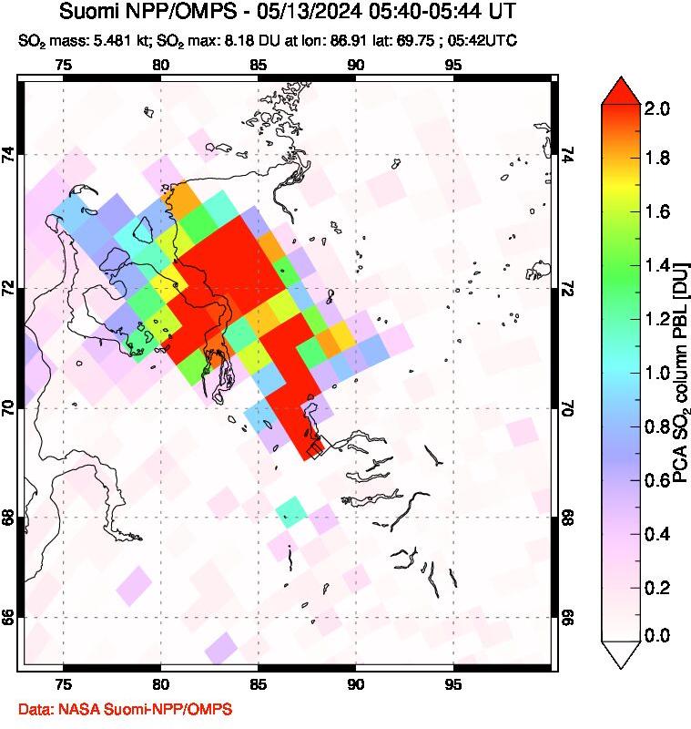 A sulfur dioxide image over Norilsk, Russian Federation on May 13, 2024.