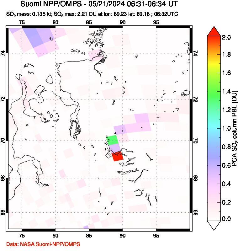 A sulfur dioxide image over Norilsk, Russian Federation on May 21, 2024.