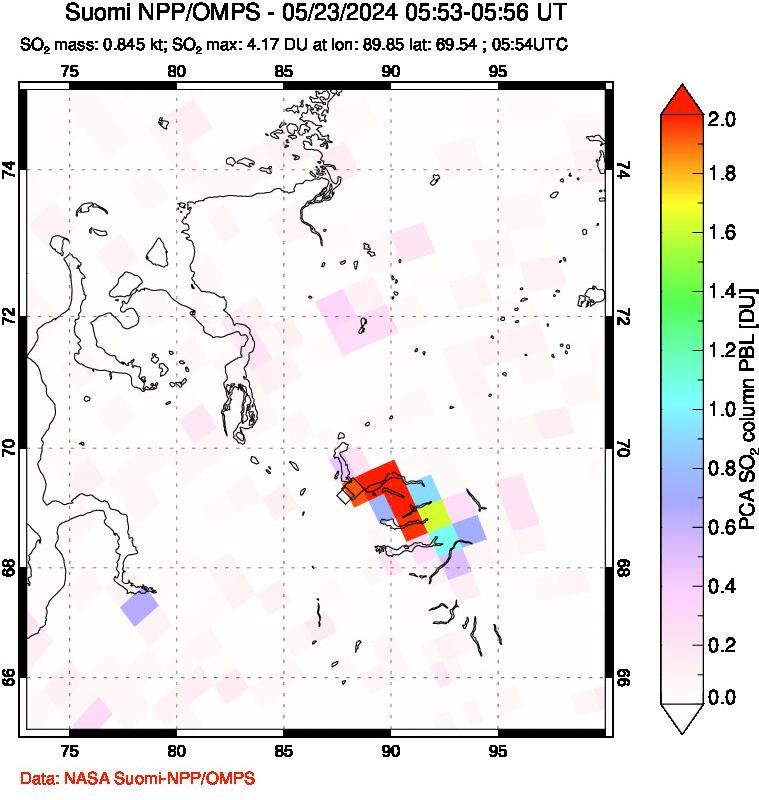 A sulfur dioxide image over Norilsk, Russian Federation on May 23, 2024.