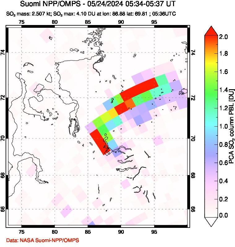 A sulfur dioxide image over Norilsk, Russian Federation on May 24, 2024.