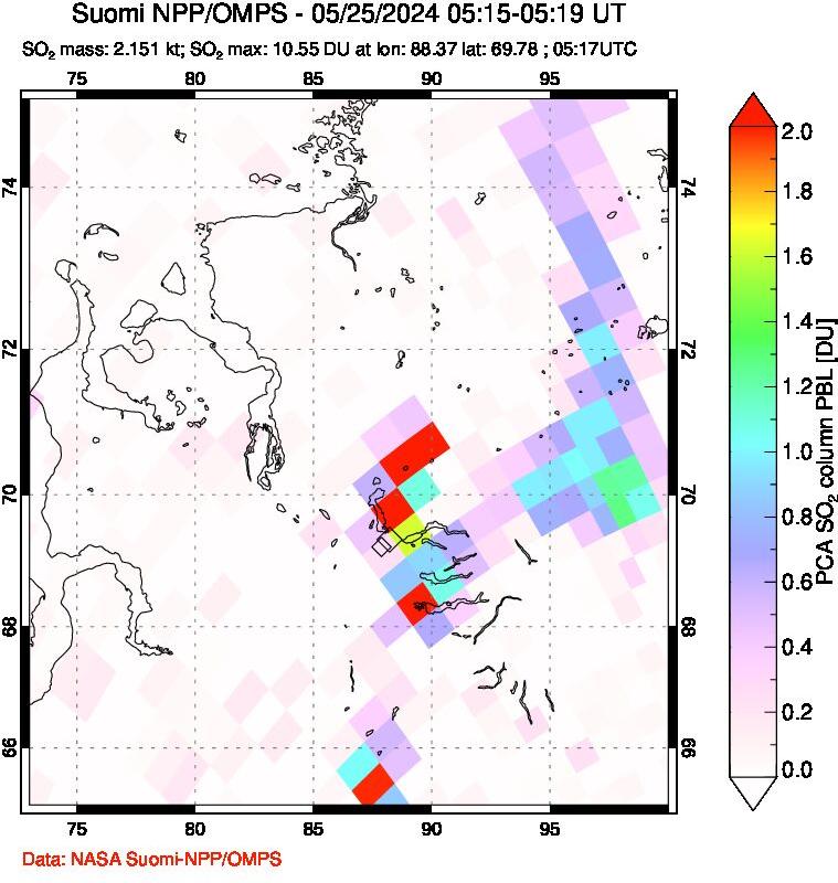 A sulfur dioxide image over Norilsk, Russian Federation on May 25, 2024.