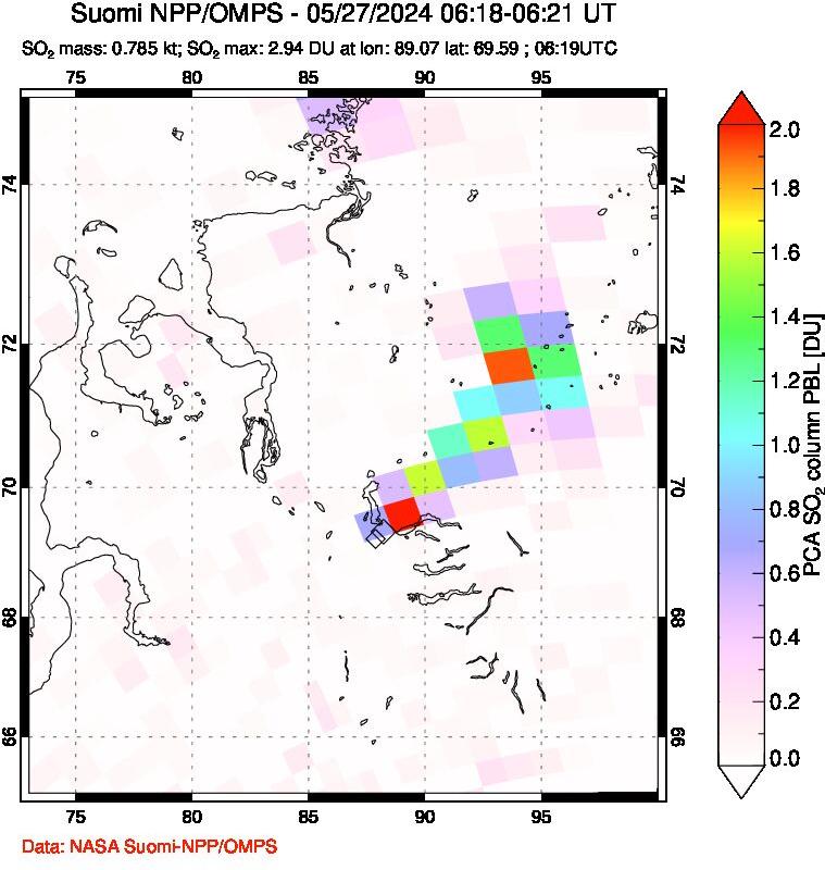 A sulfur dioxide image over Norilsk, Russian Federation on May 27, 2024.