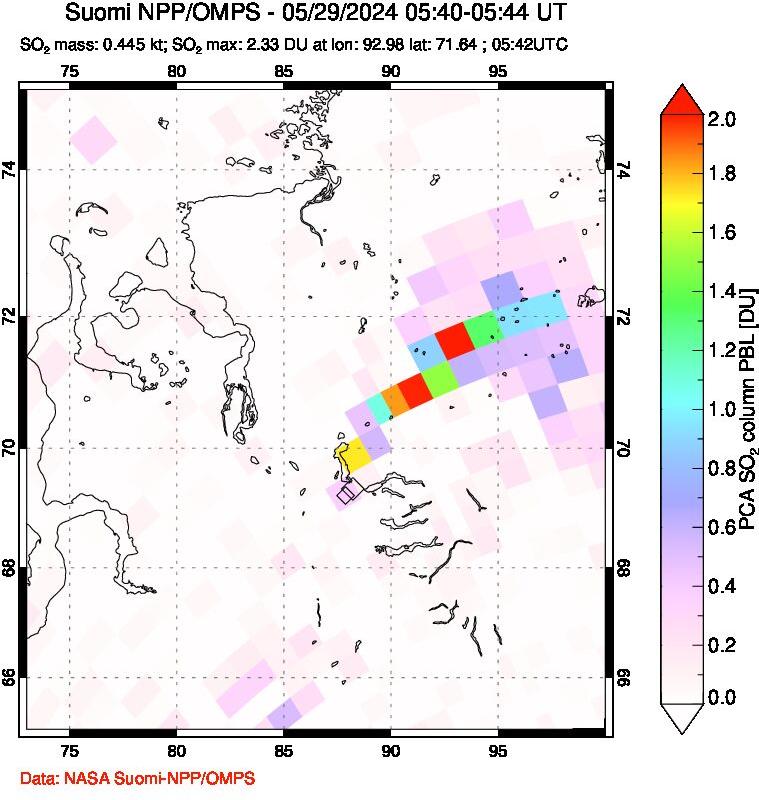 A sulfur dioxide image over Norilsk, Russian Federation on May 29, 2024.