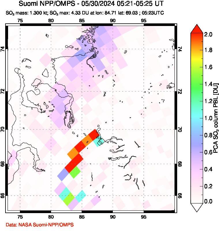 A sulfur dioxide image over Norilsk, Russian Federation on May 30, 2024.