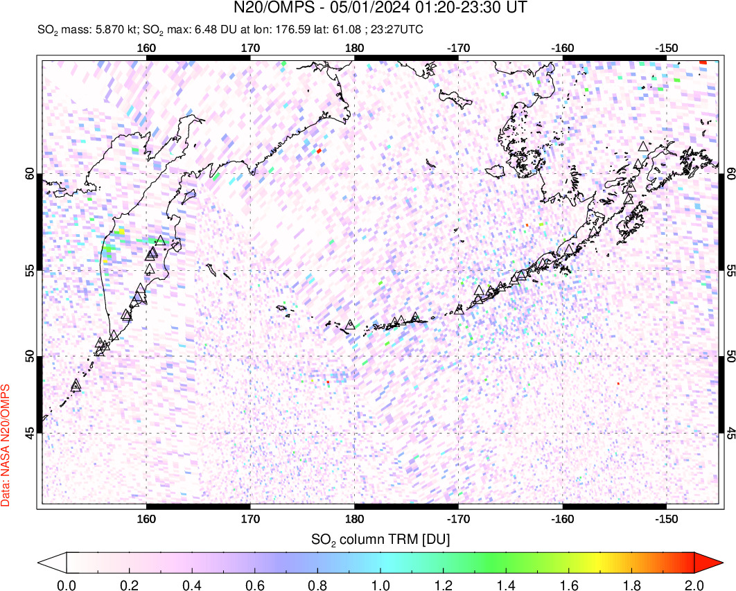 A sulfur dioxide image over North Pacific on May 01, 2024.