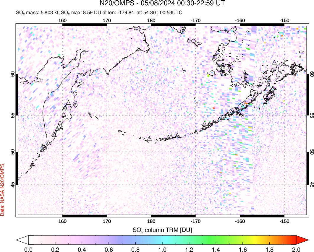 A sulfur dioxide image over North Pacific on May 08, 2024.