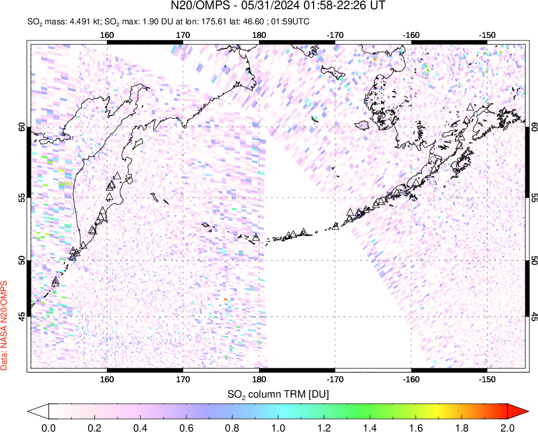 A sulfur dioxide image over North Pacific on May 31, 2024.