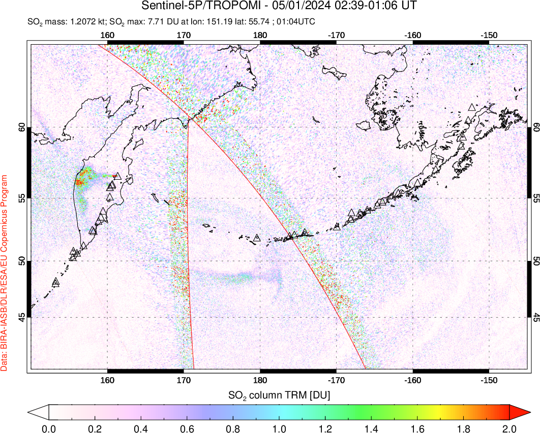 A sulfur dioxide image over North Pacific on May 01, 2024.