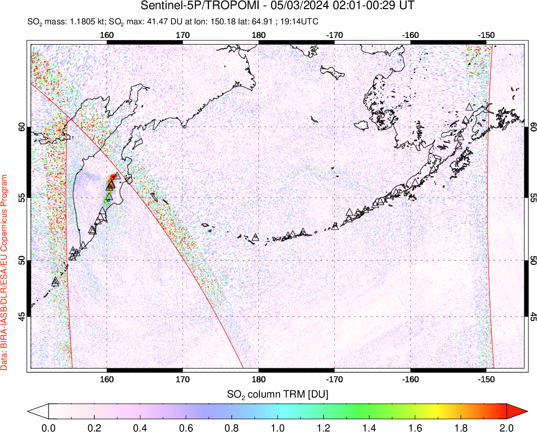 A sulfur dioxide image over North Pacific on May 03, 2024.