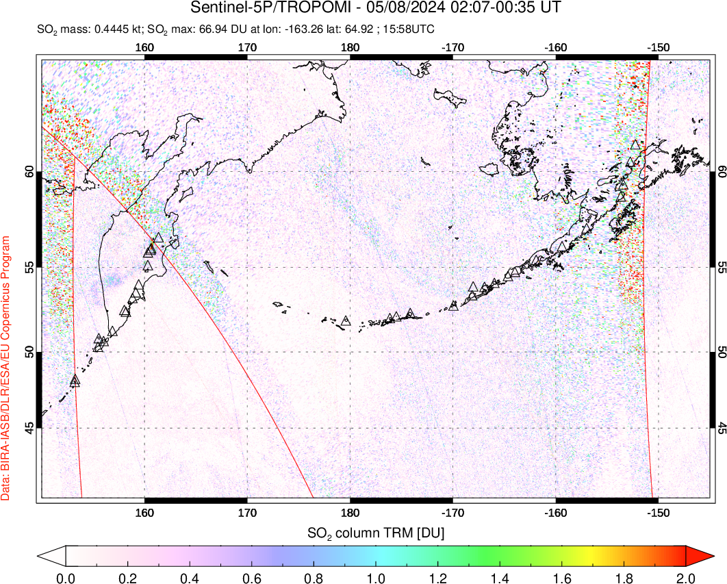 A sulfur dioxide image over North Pacific on May 08, 2024.