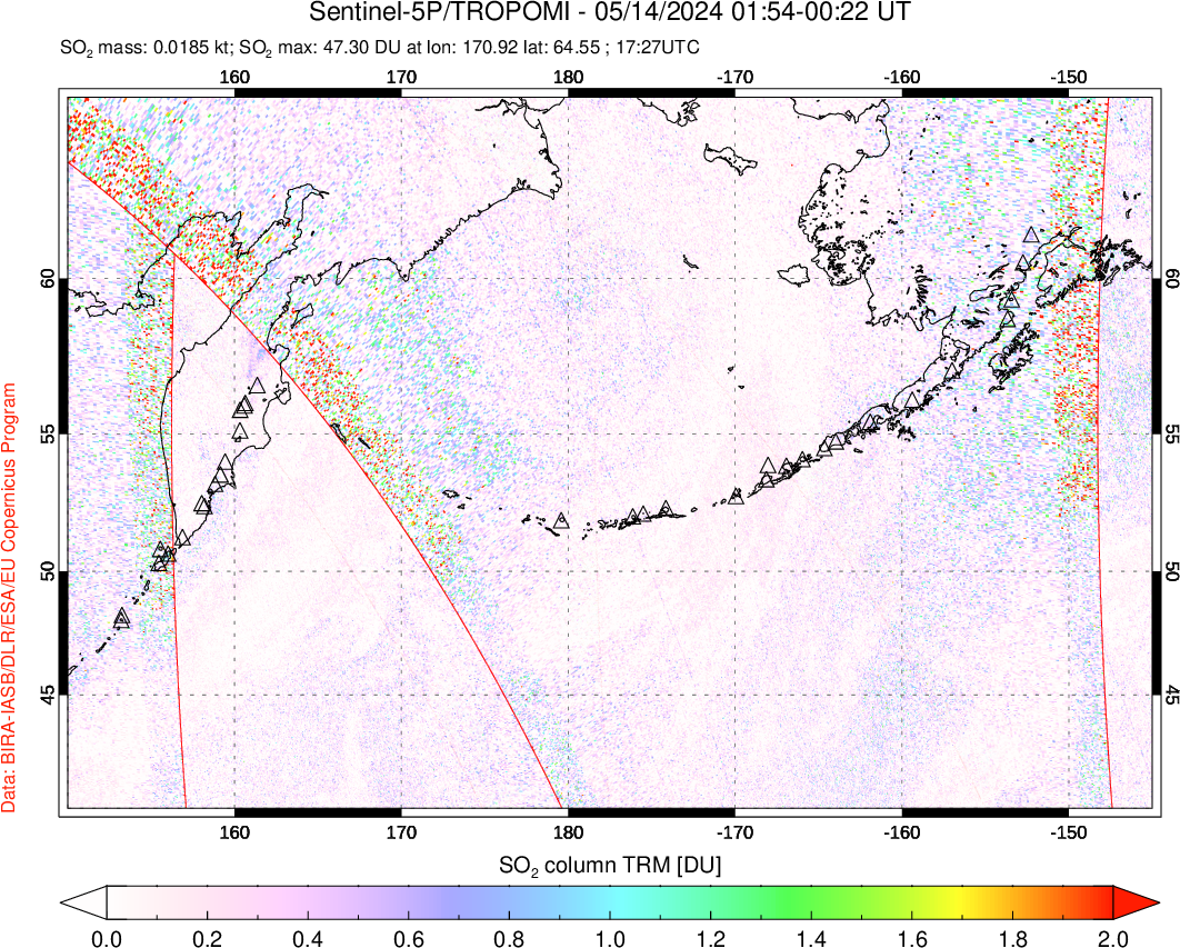 A sulfur dioxide image over North Pacific on May 14, 2024.