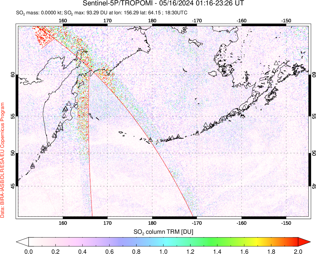 A sulfur dioxide image over North Pacific on May 16, 2024.