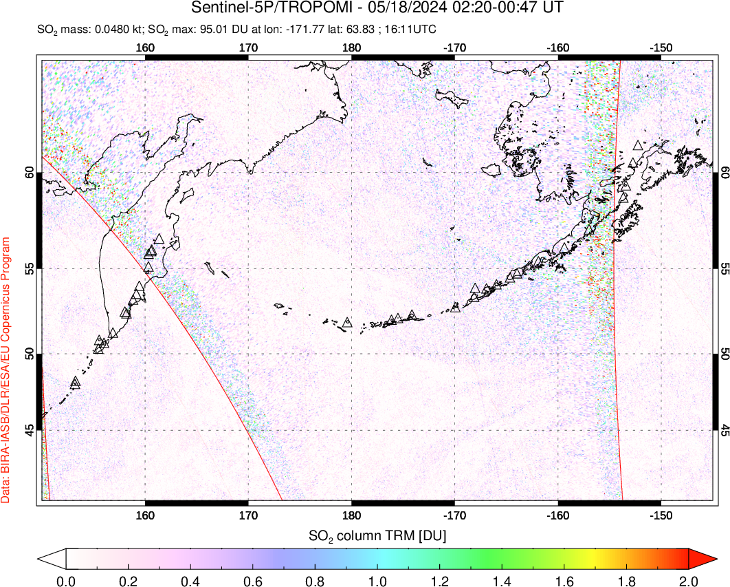 A sulfur dioxide image over North Pacific on May 18, 2024.