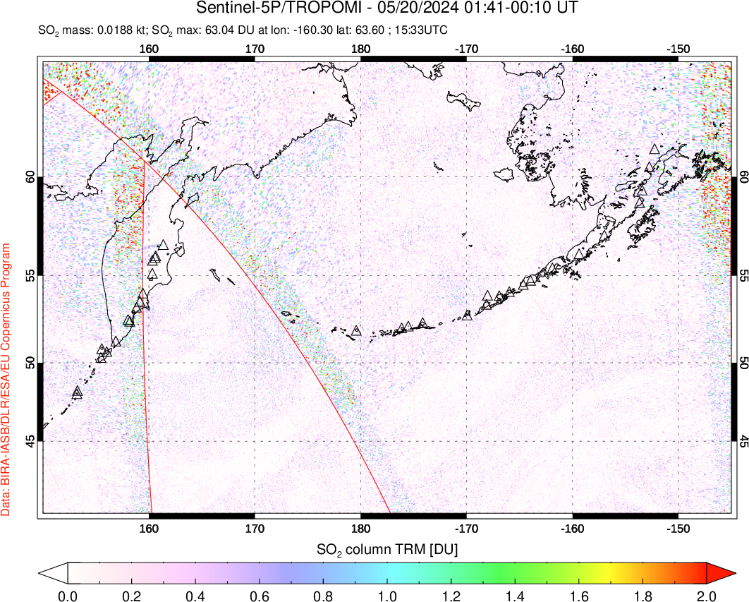 A sulfur dioxide image over North Pacific on May 20, 2024.