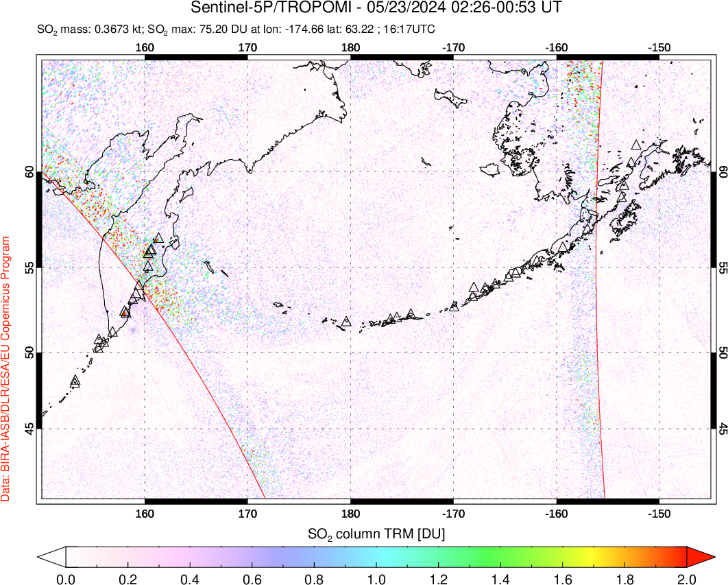 A sulfur dioxide image over North Pacific on May 23, 2024.