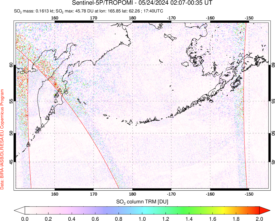 A sulfur dioxide image over North Pacific on May 24, 2024.