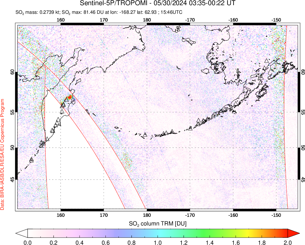 A sulfur dioxide image over North Pacific on May 30, 2024.