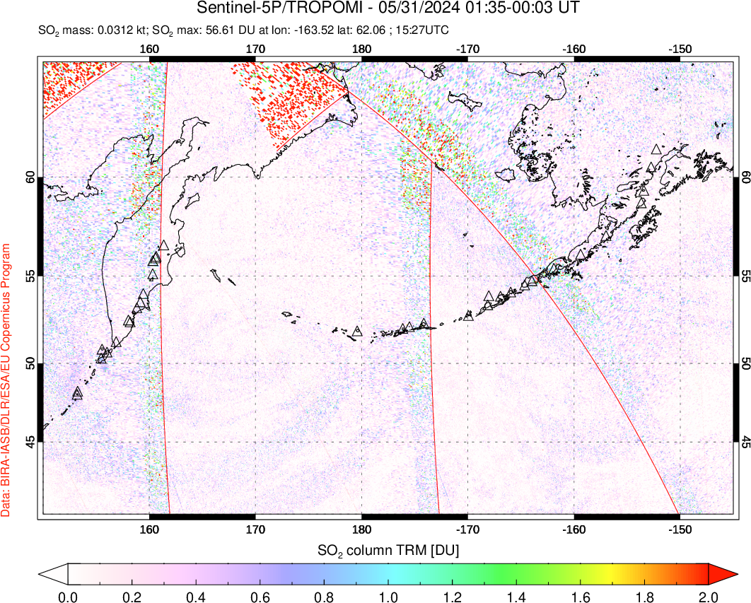 A sulfur dioxide image over North Pacific on May 31, 2024.