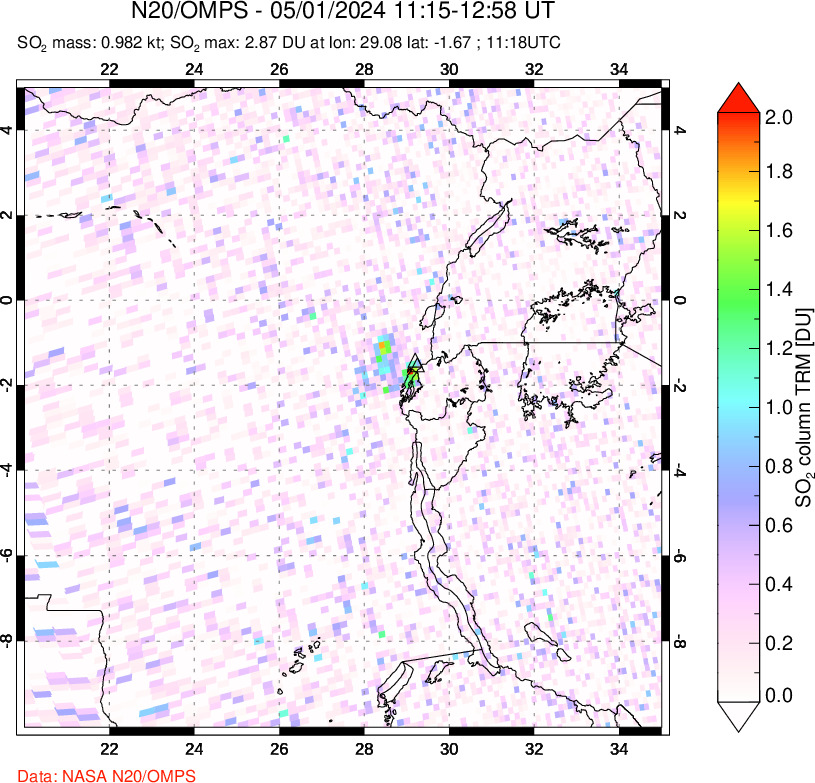 A sulfur dioxide image over Nyiragongo, DR Congo on May 01, 2024.