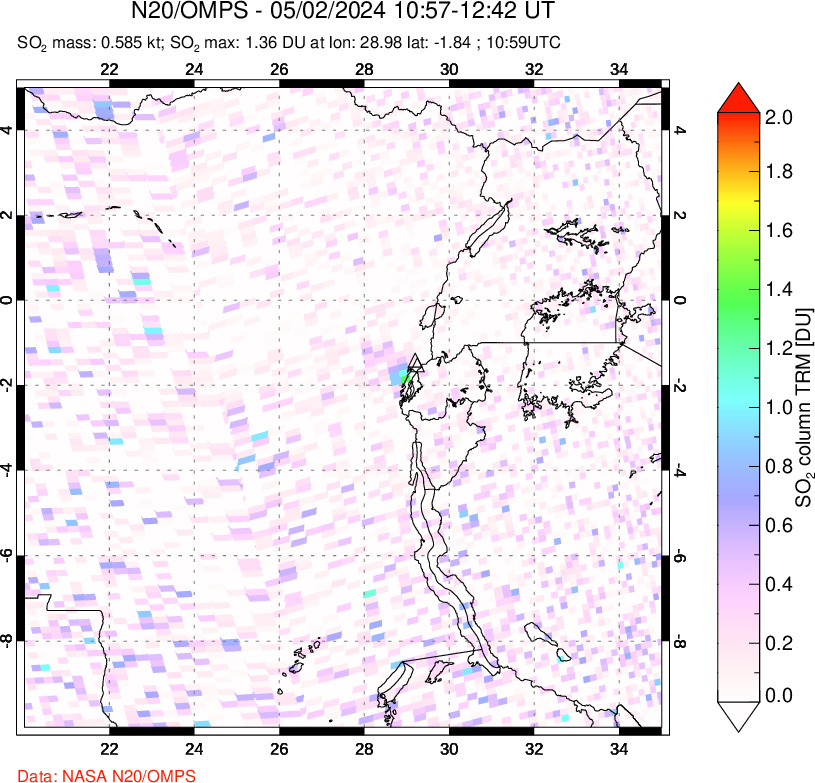 A sulfur dioxide image over Nyiragongo, DR Congo on May 02, 2024.