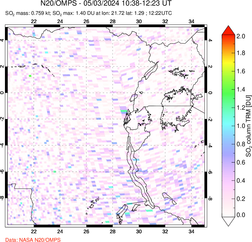 A sulfur dioxide image over Nyiragongo, DR Congo on May 03, 2024.