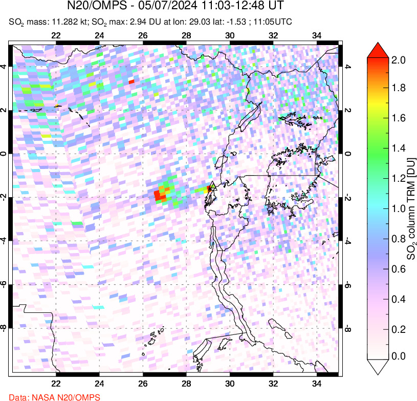 A sulfur dioxide image over Nyiragongo, DR Congo on May 07, 2024.