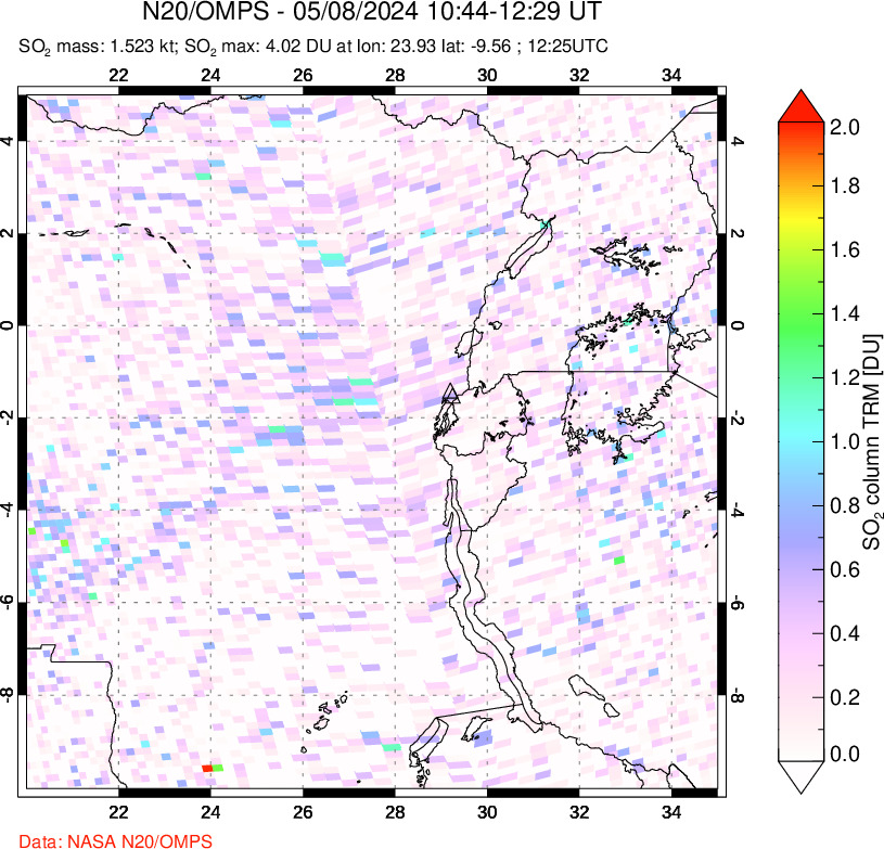 A sulfur dioxide image over Nyiragongo, DR Congo on May 08, 2024.